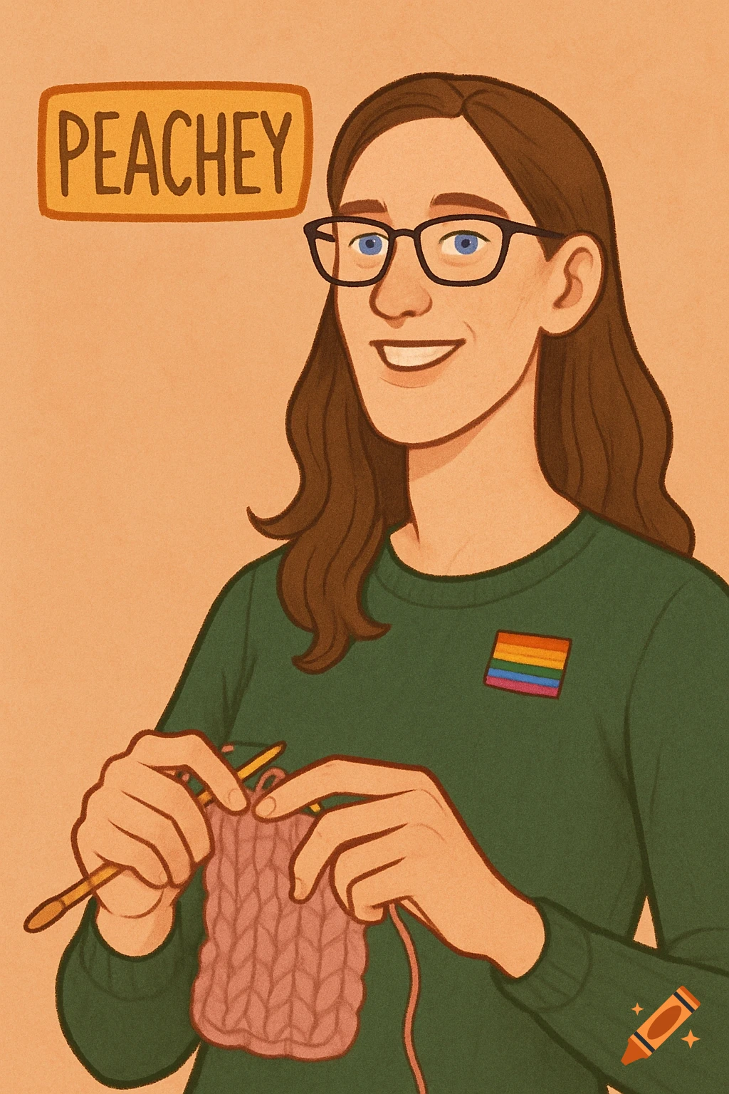 Cartoon portrait of a person with brown hair, glasses, knitting, wearing a green sweater with a pride flag pin. A sign says PEACHEY.