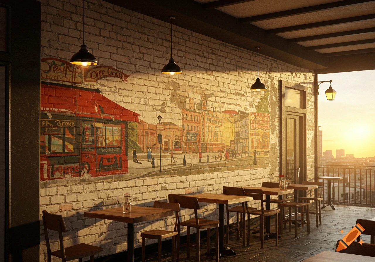 Cafe patio with brick wall mural depicting a city scene, tables, chairs, and lamps at sunset.