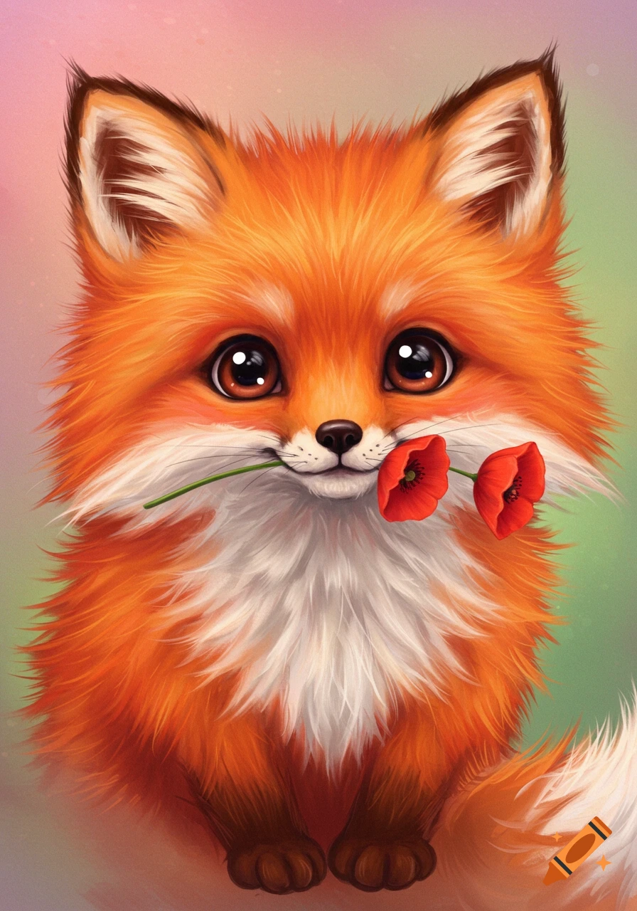 A cute illustration of a fox holding red flowers in its mouth.