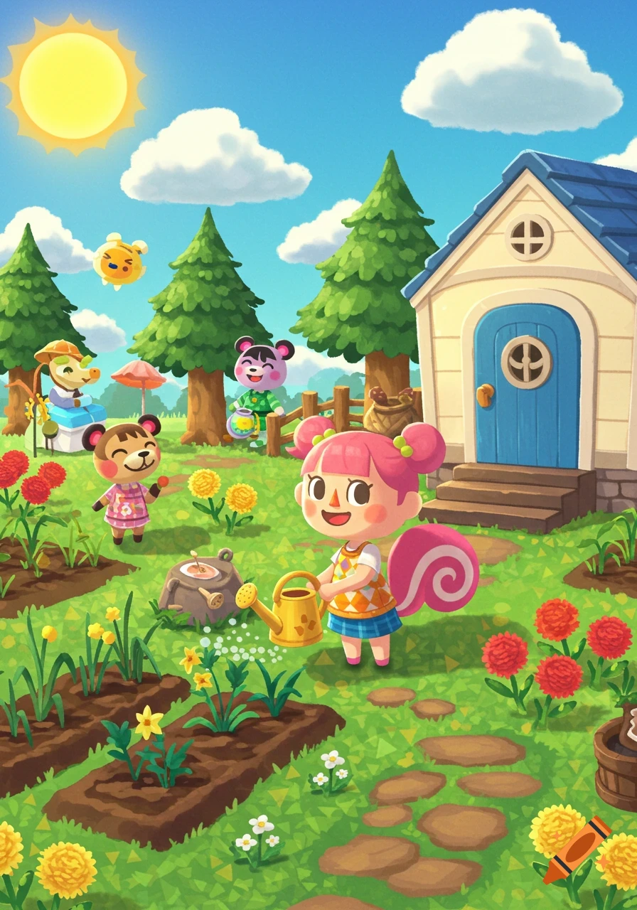 Animal Crossing characters gardening.