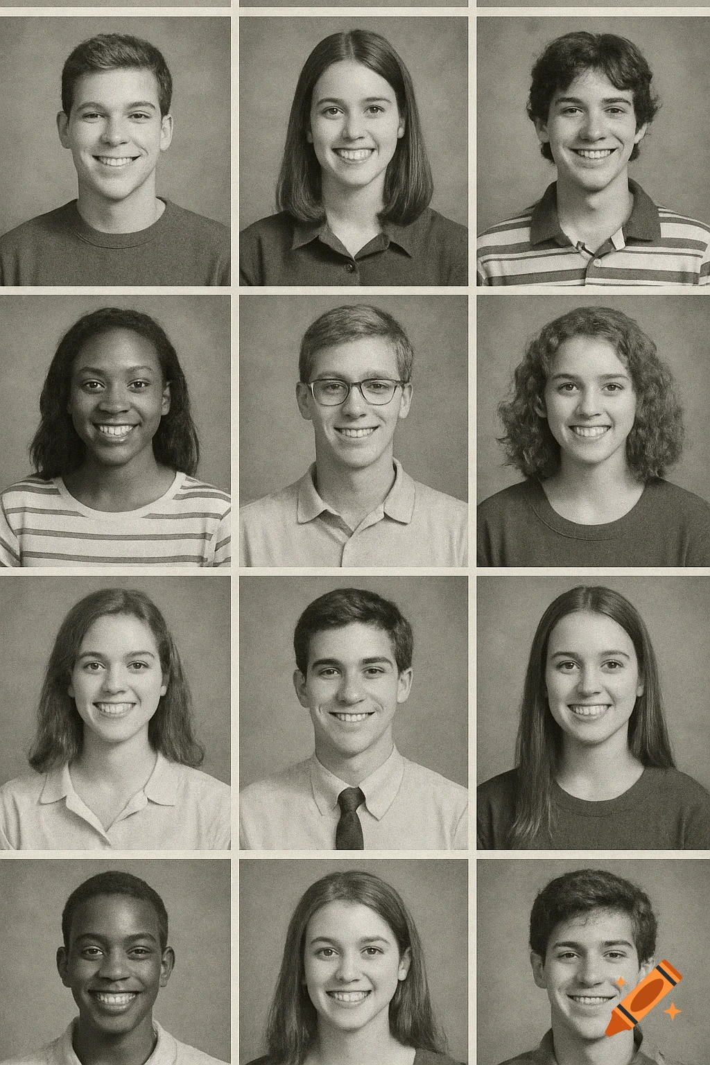 Grid of twelve smiling portraits of young people in a vintage yearbook style.
