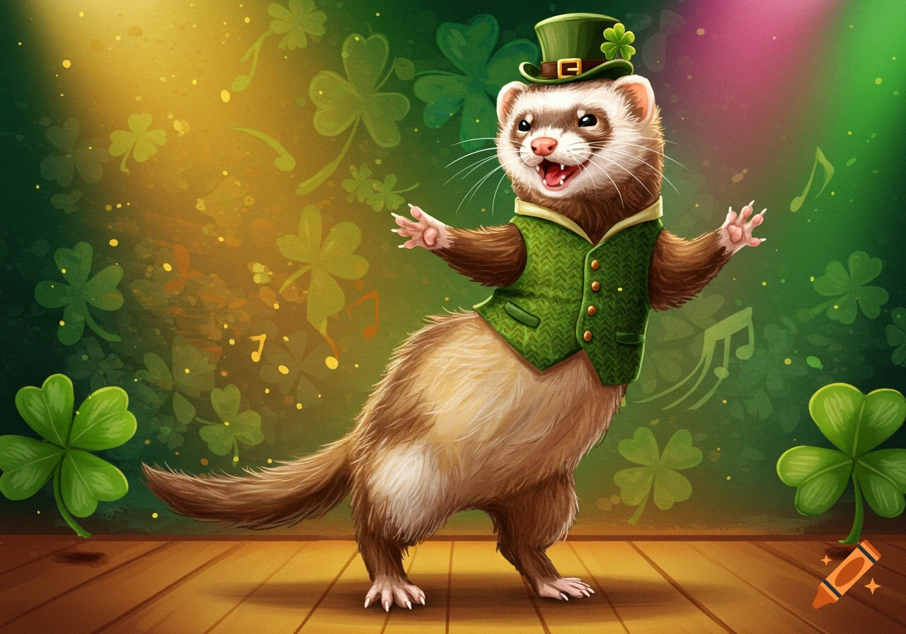 A cartoon ferret wearing a green vest and leprechaun hat dances on a wooden floor with shamrocks and musical notes.