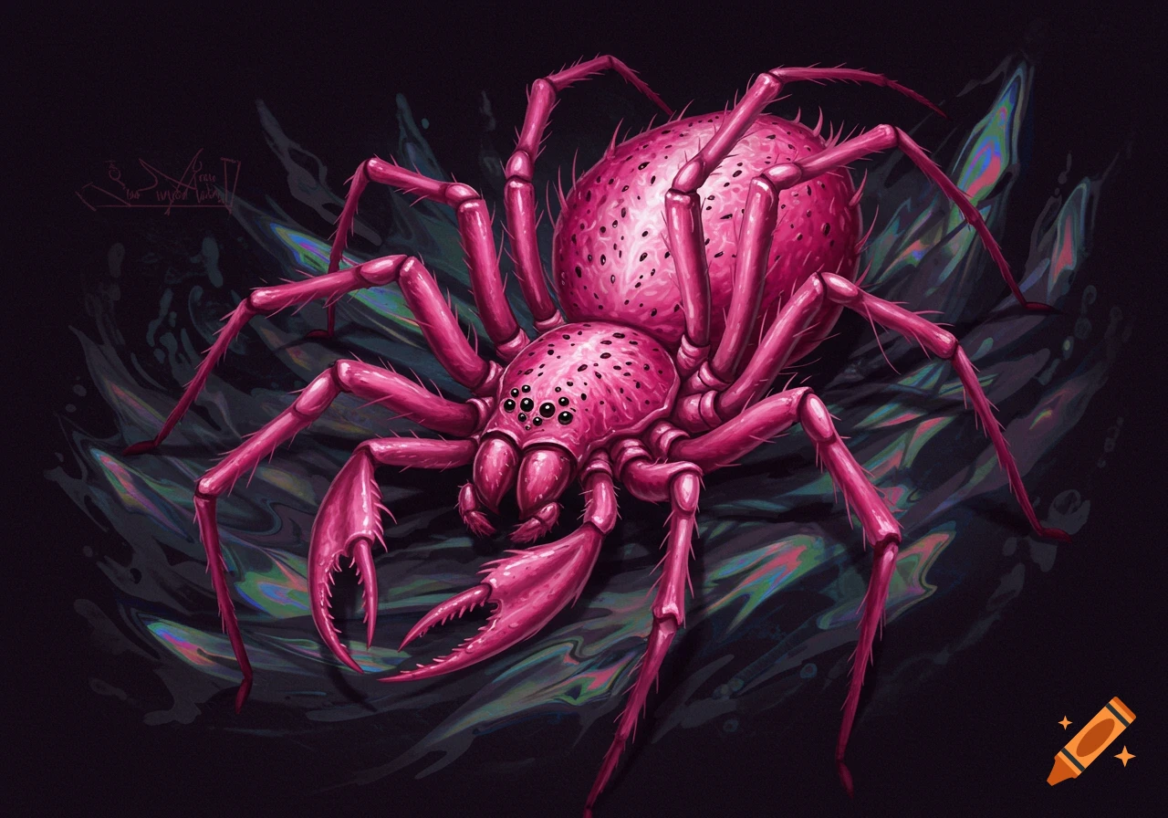 A vibrant pink spider with multiple eyes and legs featuring claws rests on a dark, textured surface.