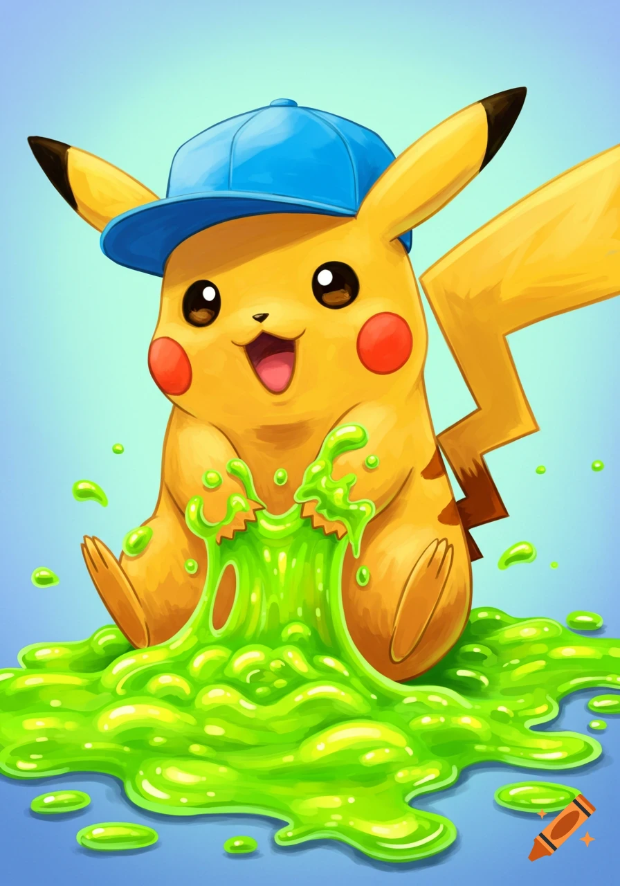 Cute cartoon Pikachu wearing a blue baseball cap backwards and playing in bright green slime.