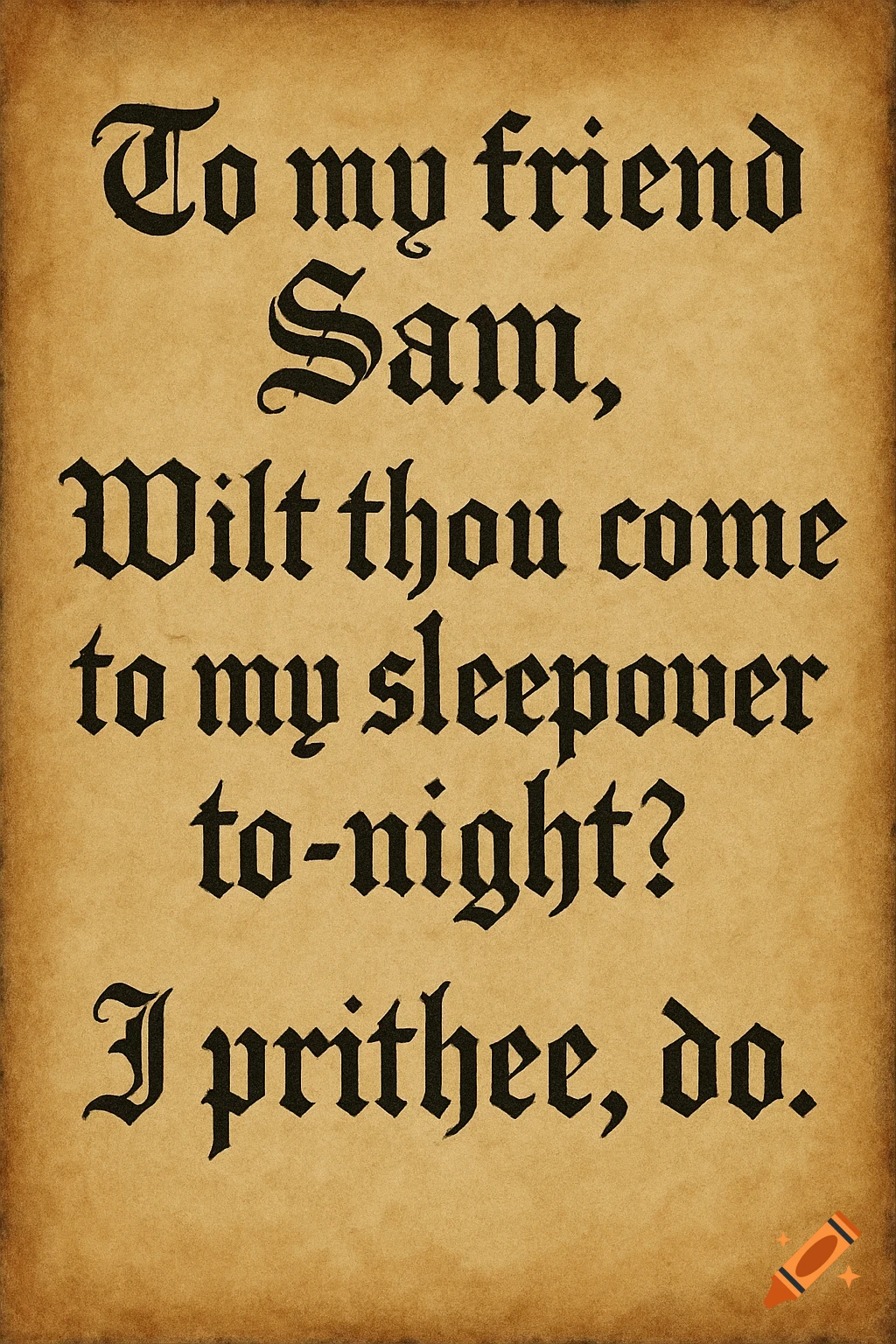 Sleepover invitation written in Old English font on aged paper