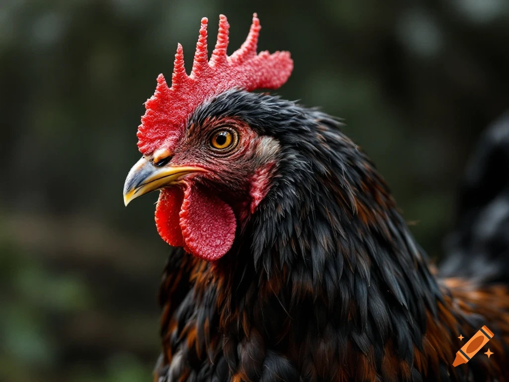 Close-up of a photorealistic chicken head.