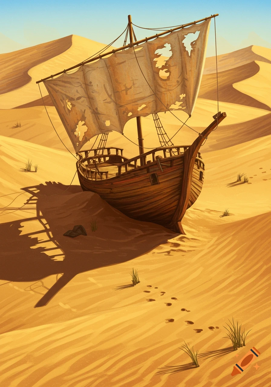 An old wooden boat is stuck in a vast, sandy desert with dunes under a clear sky. Footprints lead away from the boat.
