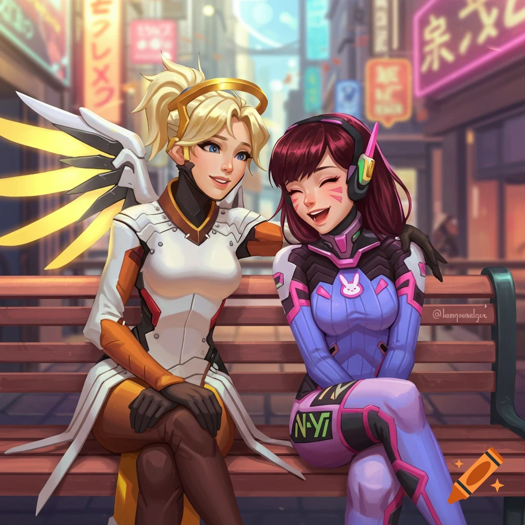 Mercy and D.Va from Overwatch sitting on a bench in an illustrative style.