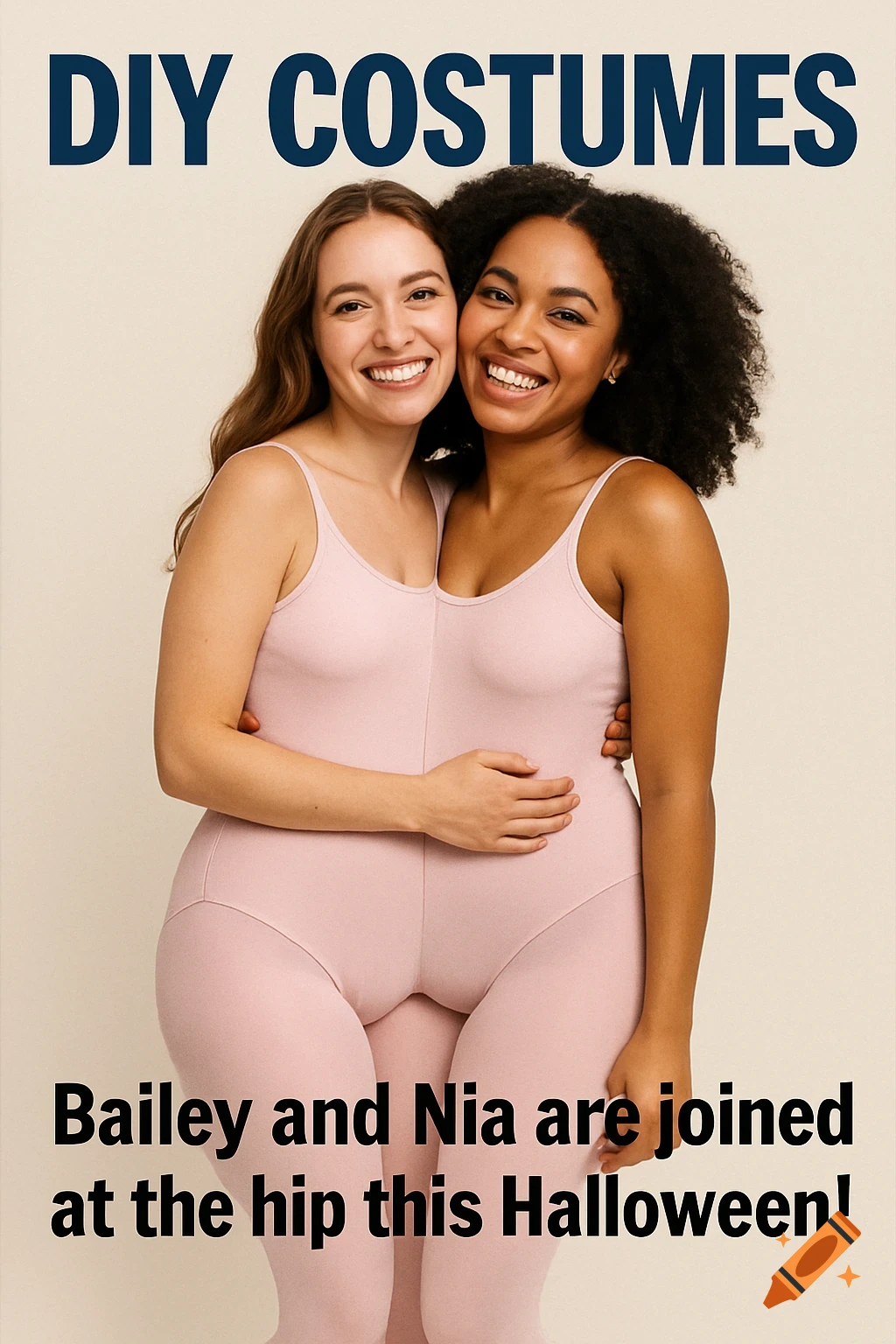 Two women in light pink leotards and tights hug with text "DIY COSTUMES" and "Bailey and Nia are joined at the hip this Halloween!".