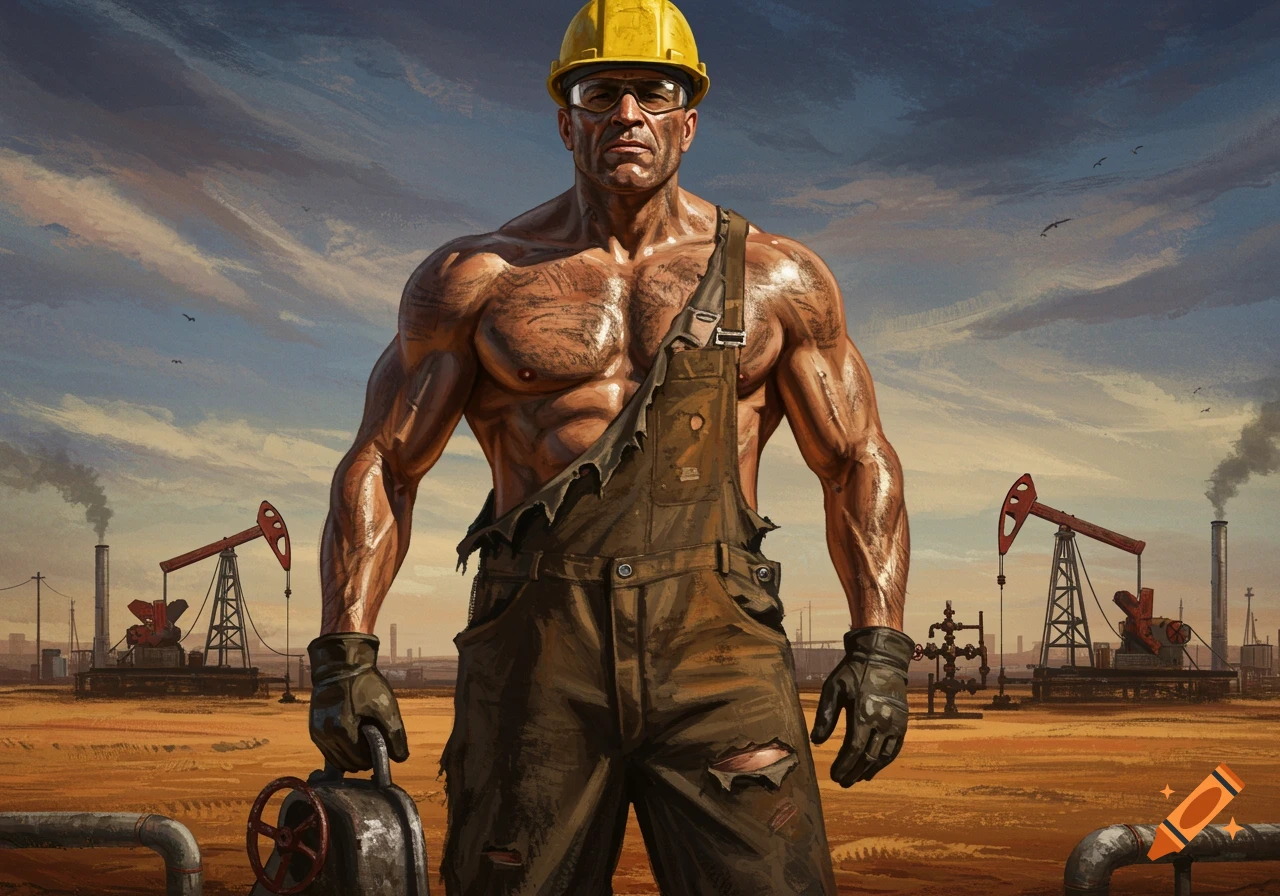 A very muscular oil field operator in ripped overalls stands in an oil field with rigs and pipelines under a cloudy sky.
