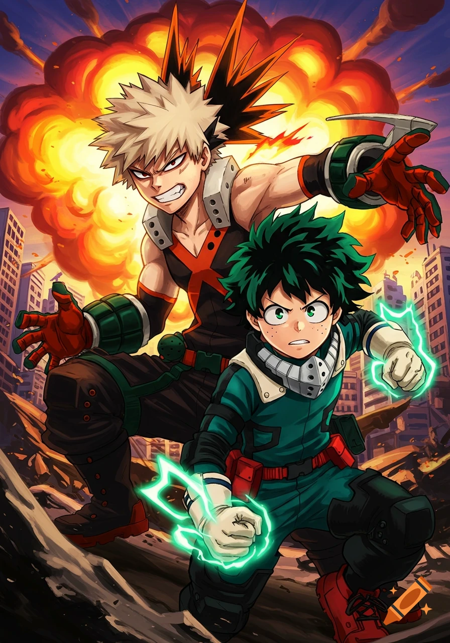 Two anime characters, Bakugo and Deku, pose in a ruined city with a large explosion behind them.