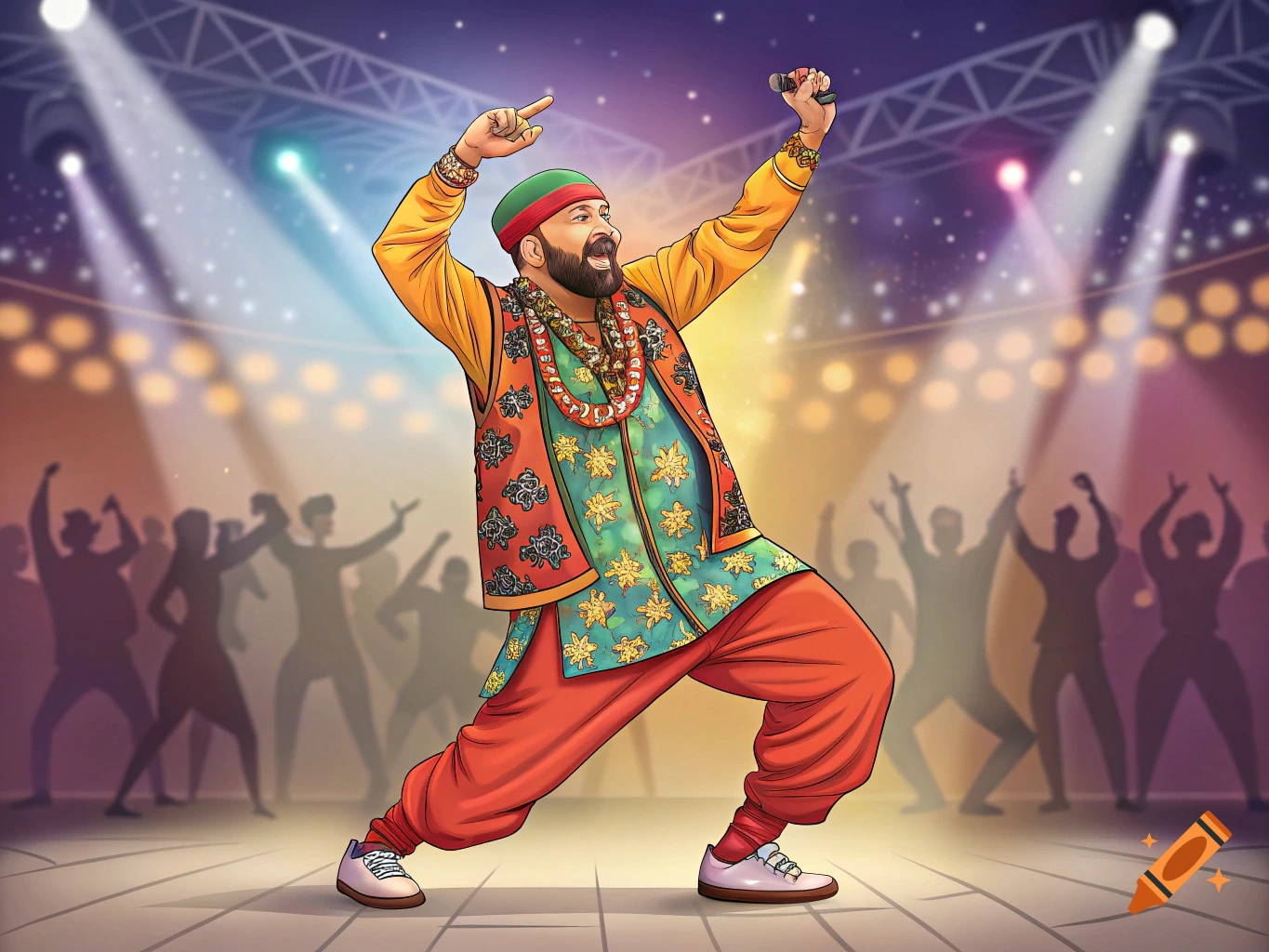 Illustration of a man in colorful clothing dancing with a microphone on a stage with spotlights and a crowd