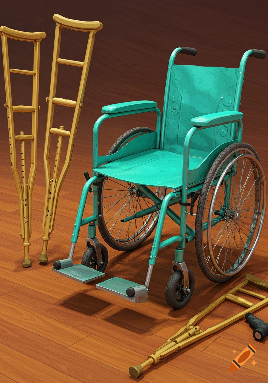 A teal wheelchair and yellow crutches on a wooden floor.
