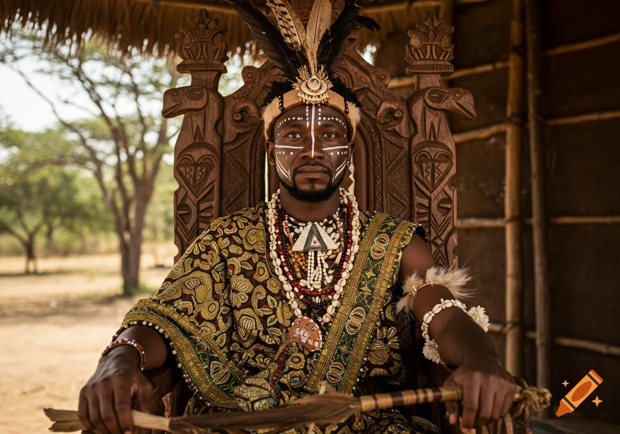 Man in traditional attire and headdress sits on a carved wooden throne.
