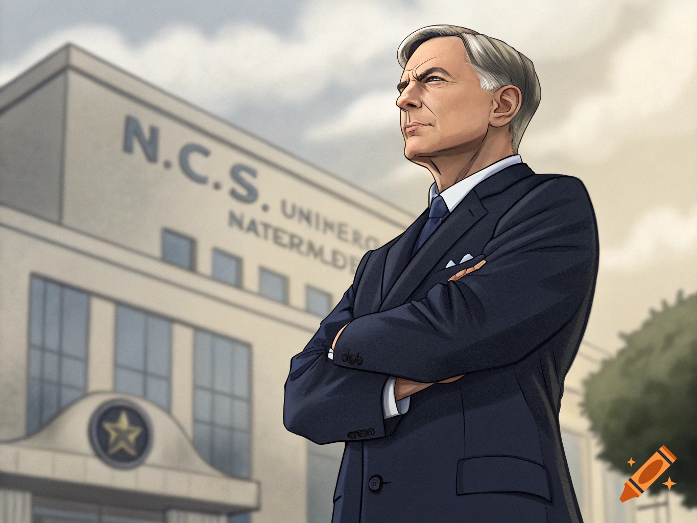 Illustrative image of a man in a suit standing with crossed arms in front of a building.