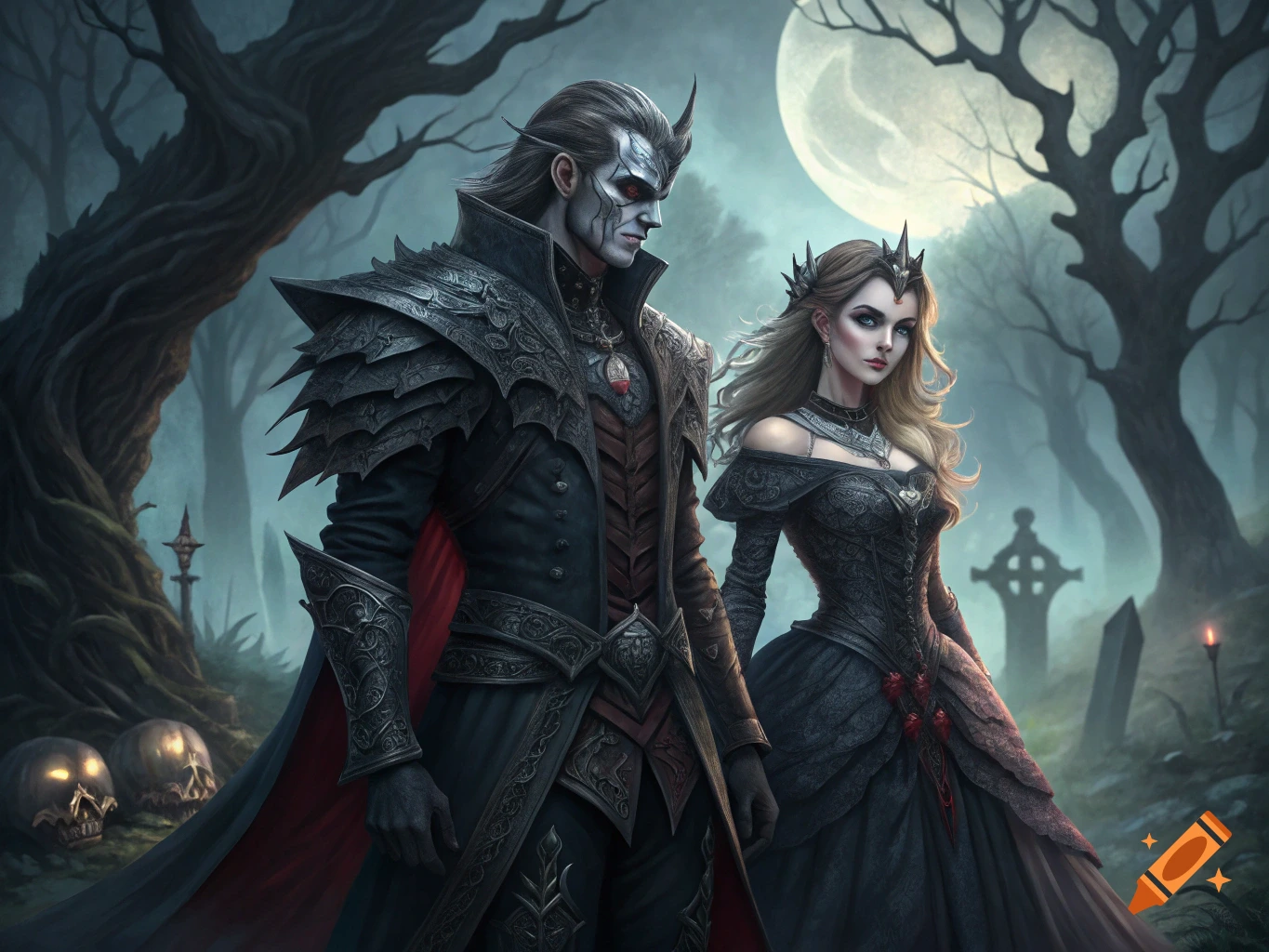 Two figures in ornate gothic attire stand in a misty graveyard under a full moon.