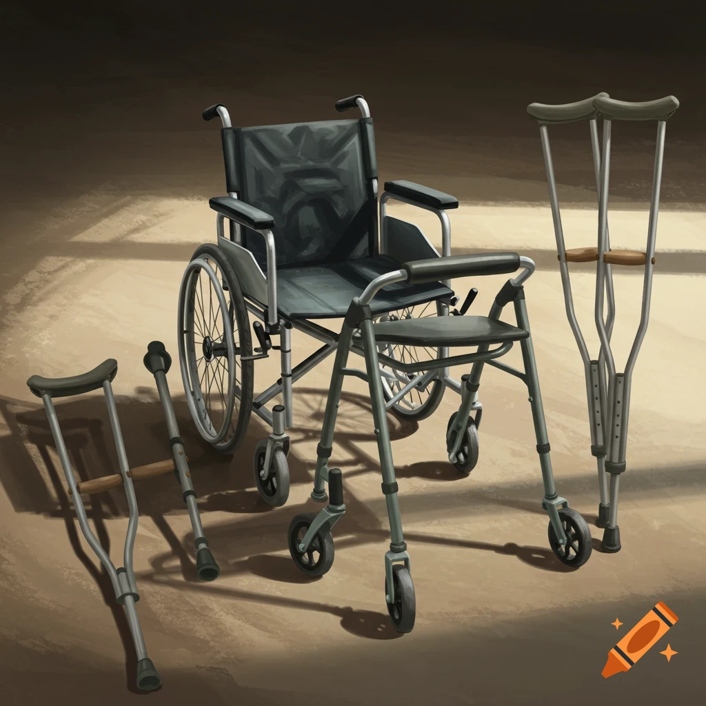 Digital painting of a wheelchair, walker, and crutches on a floor with shadows.