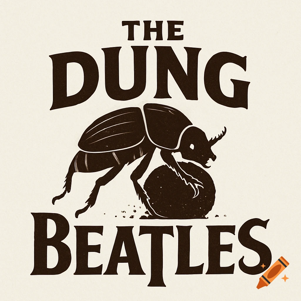 Logo with a dung beetle pushing a ball, text reads 'THE DUNG BEATLES'.
