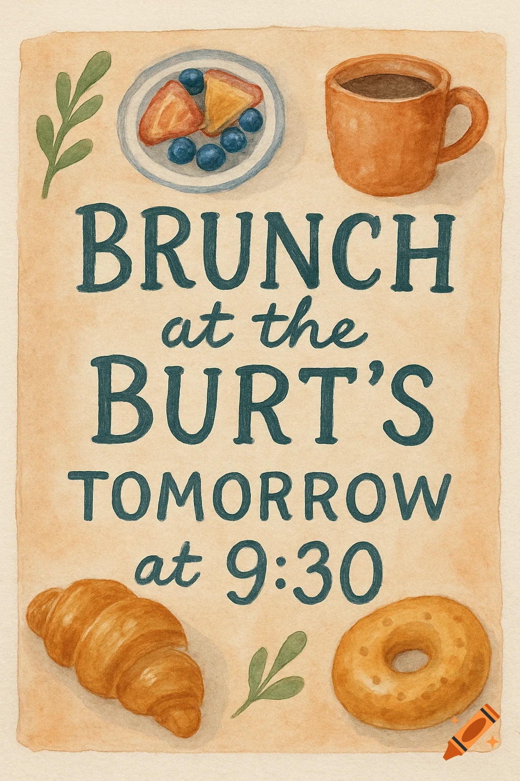 Watercolor illustration of a brunch invitation with text, a croissant, bagel, fruit, and coffee.