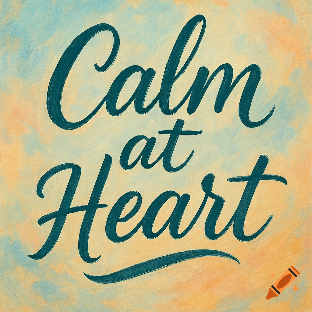 Script text "Calm at Heart" on a textured background.