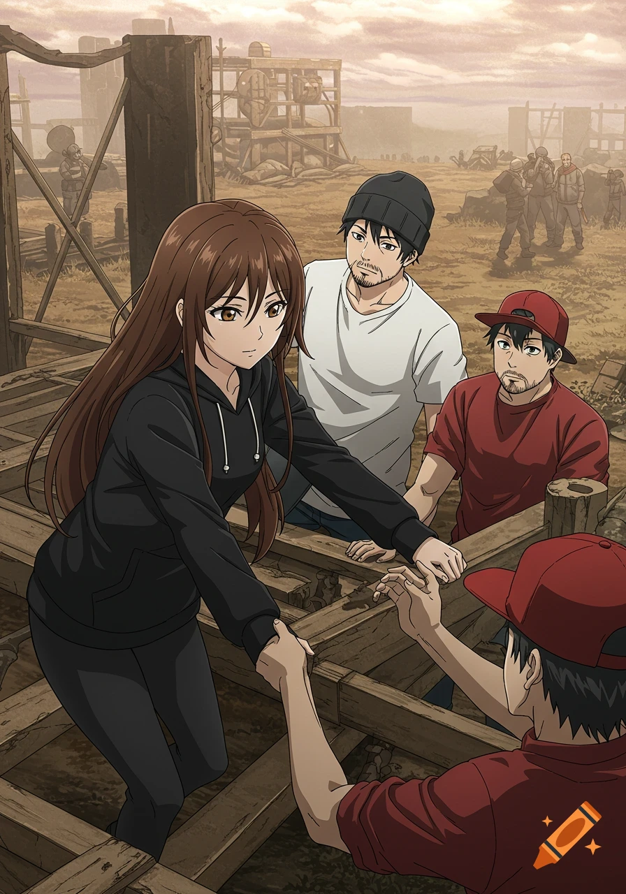 Long-haired woman in black hoodie helping build a structure with two men in an apocalyptic anime scene.
