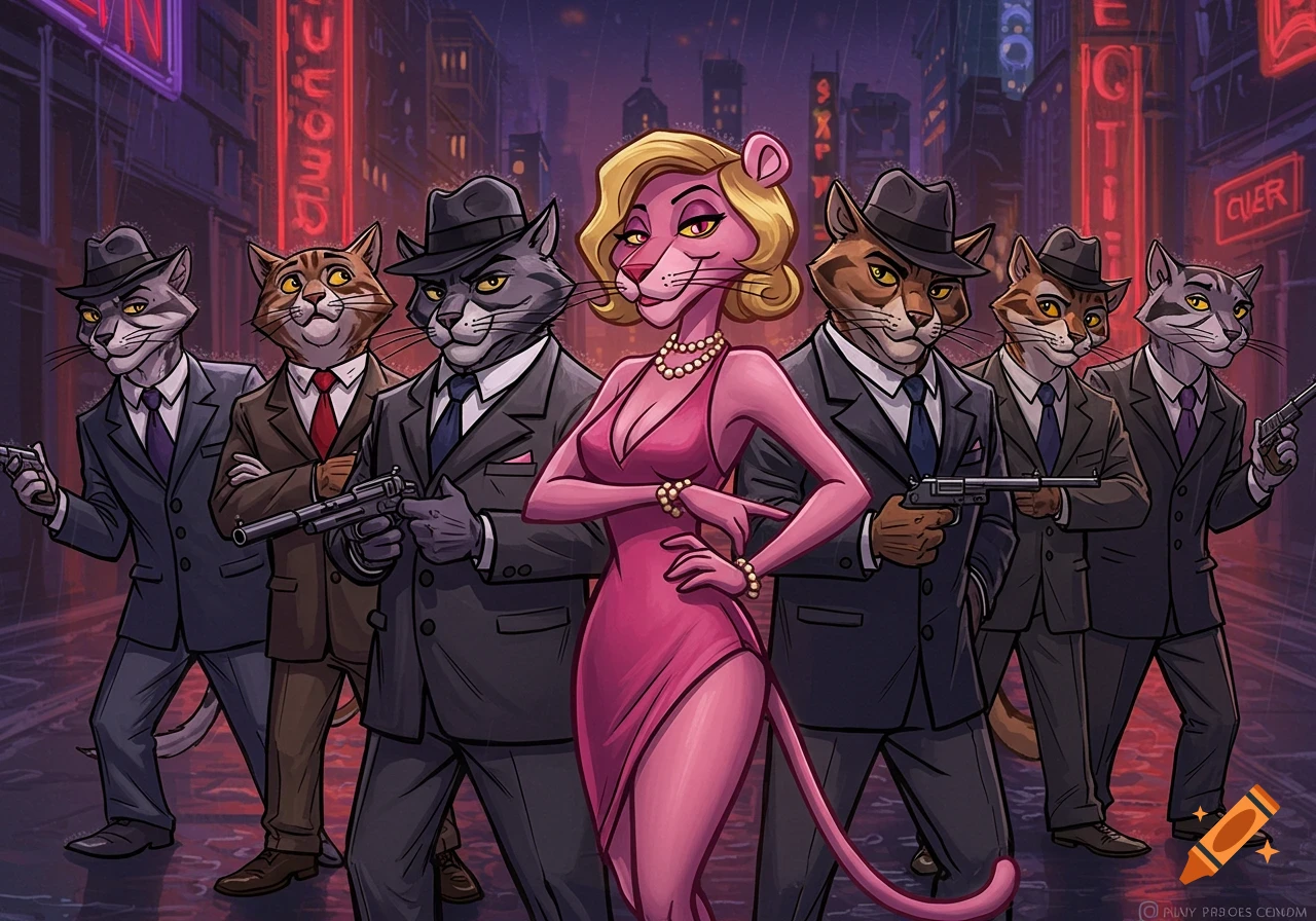 Anthropomorphic cats in suits, one pink panther woman in a dress, standing in a city street with neon signs.