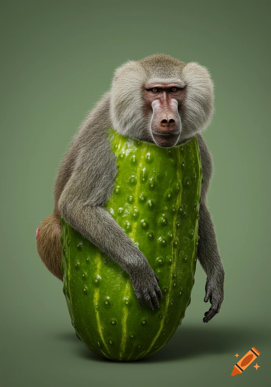 A realistic baboon with a large pickle as its body stands against a green background.