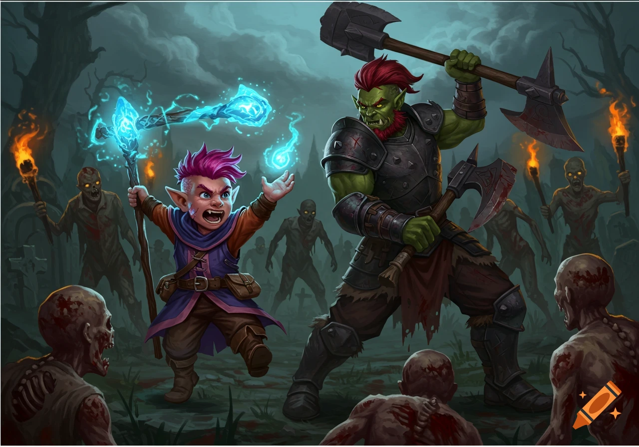 A gnome sorcerer and a half-orc barbarian fight a horde of zombies in a graveyard.