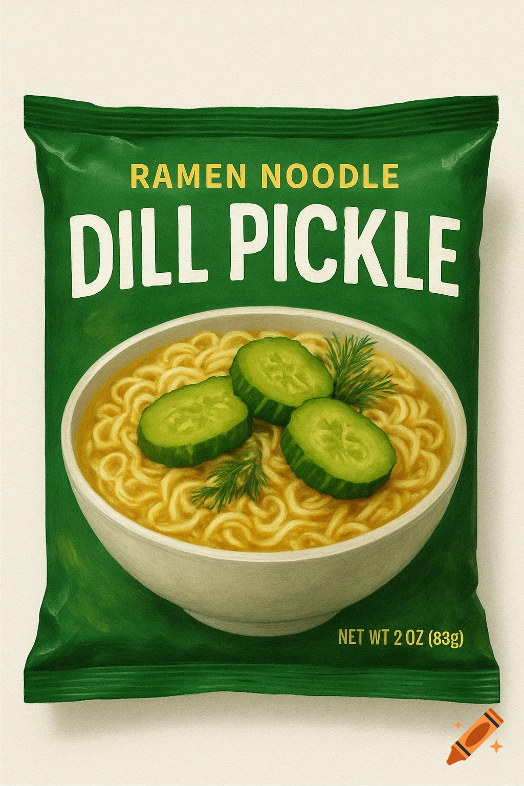 Green package of dill pickle flavored ramen noodles with bowl of ramen and cucumber slices.