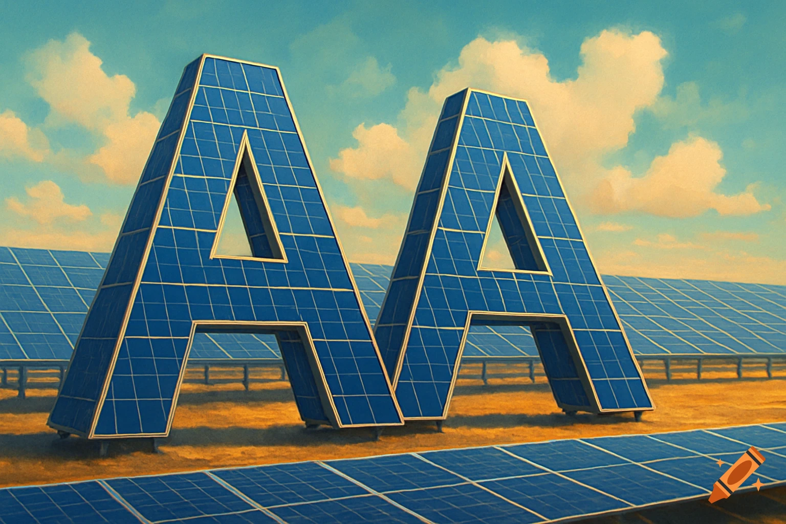 Two large letters AA made of solar panels in a field of solar panels under a cloudy sky.