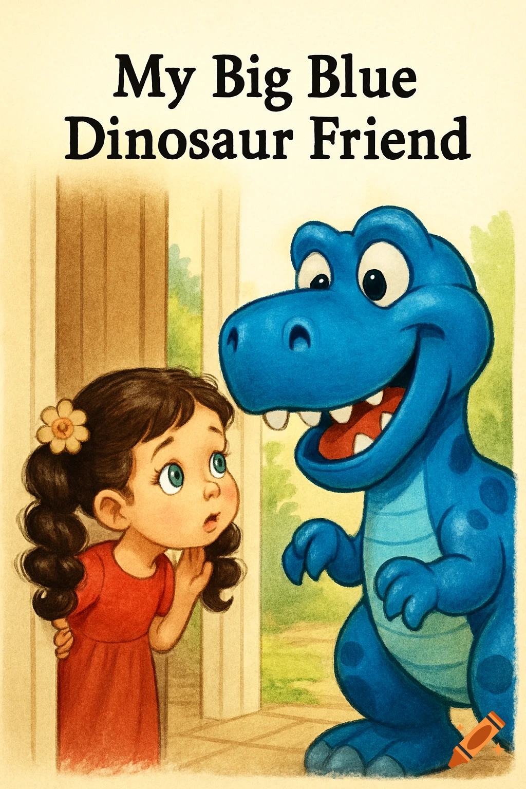 Children's book illustration of a girl and a blue dinosaur with the title 'My Big Blue Dinosaur Friend'.