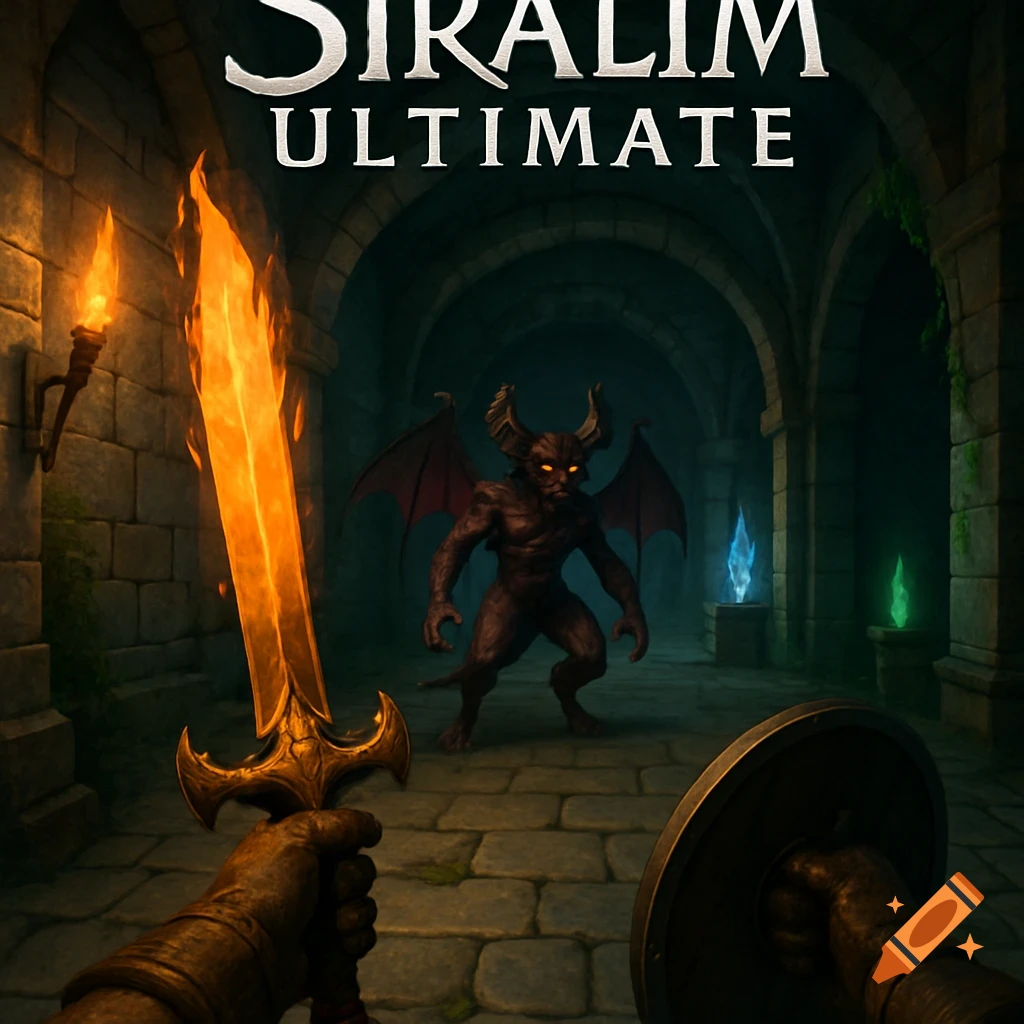 First-person view in a dungeon facing a horned monster, holding a fiery sword and shield, with the title SIRALIM ULTIMATE.