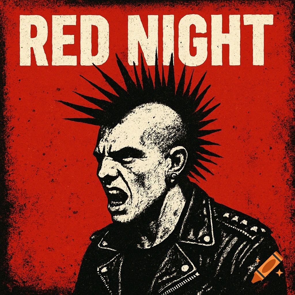 Stylized illustration of a punk rocker with a mohawk and leather jacket against a red background with the text 'RED NIGHT'.