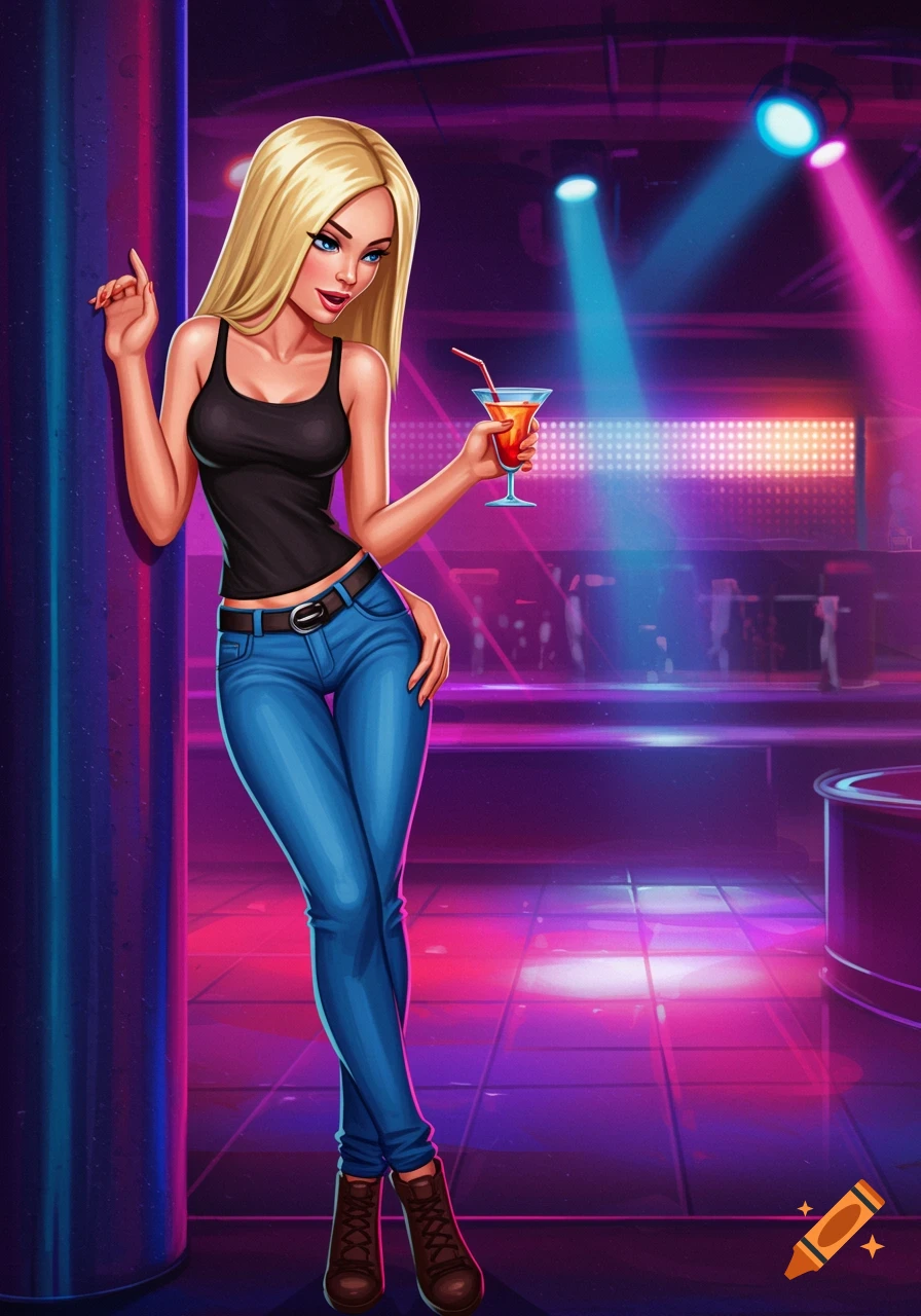Illustration of a blonde woman in a black tank top and jeans holding a drink in a neon-lit nightclub.