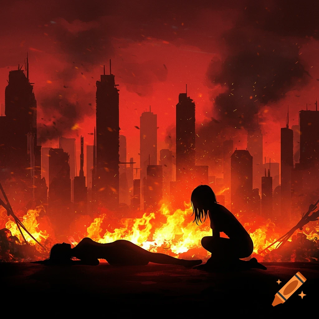 Two women silhouettes in front of a burning city skyline, illustration style.