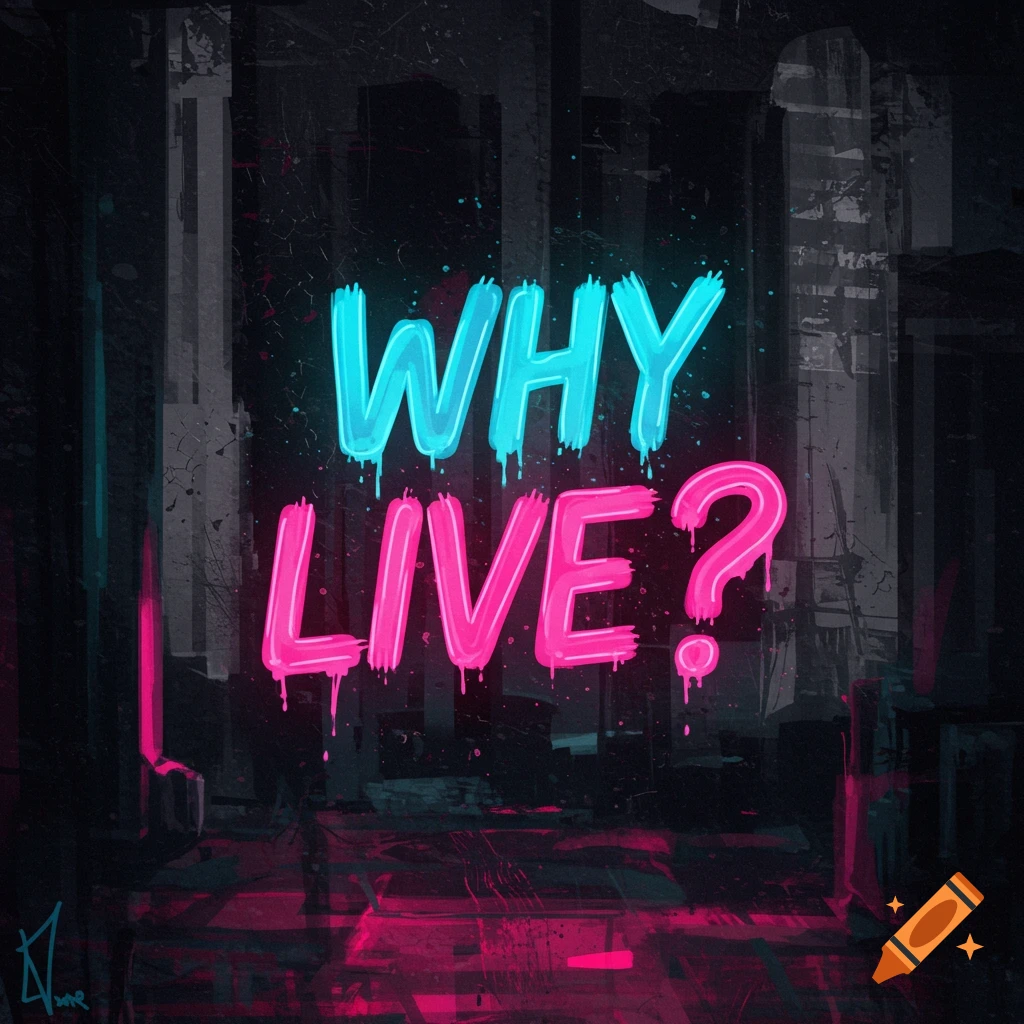 Neon text 'WHY LIVE?' on a dark grunge background.