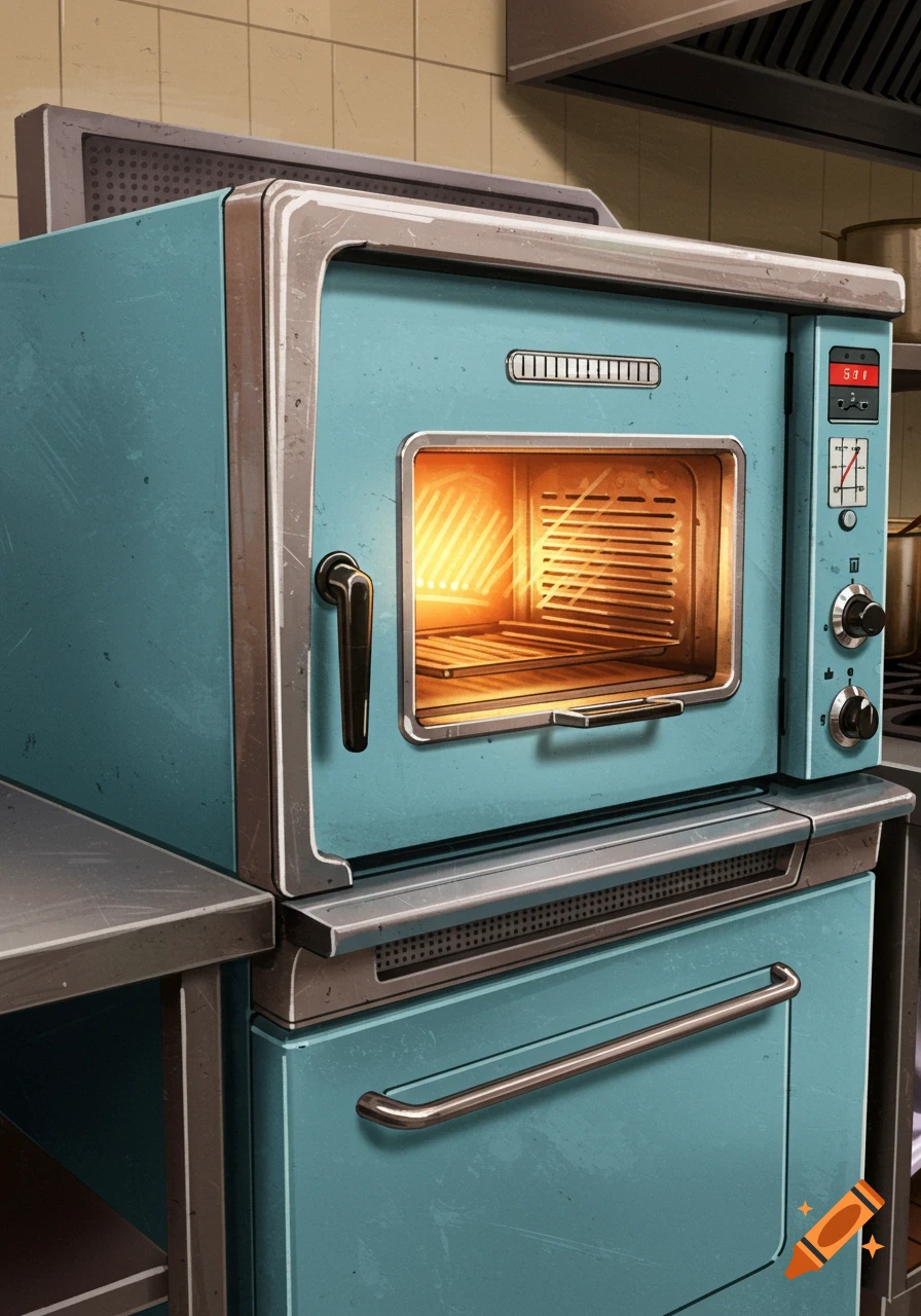 A stylized image of a light blue 1950's commercial oven with an illuminated interior, sitting in a kitchen.