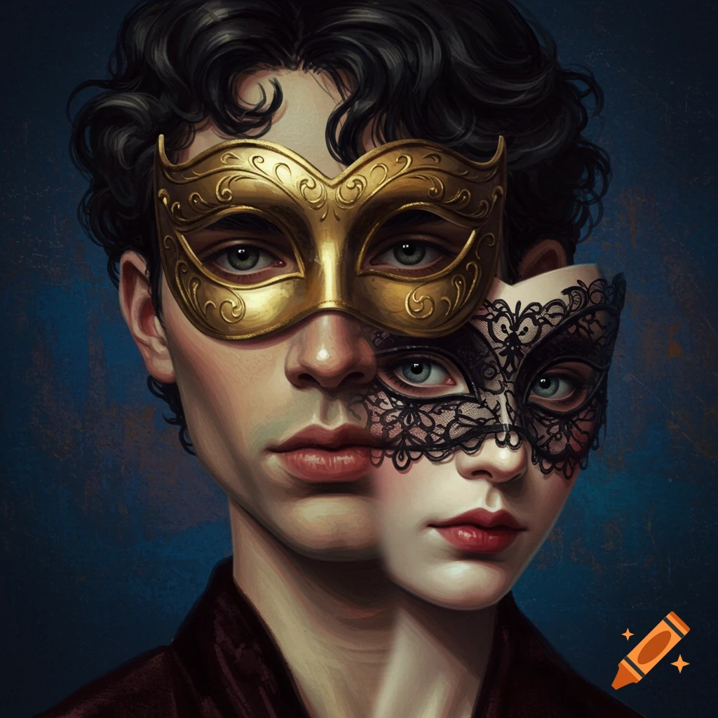 Detailed portrait of a person with overlapping faces, wearing gold and black lace masks.