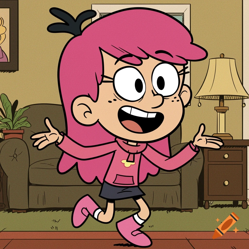 A cartoon girl with pink hair and freckles, wearing a pink hoodie and skirt, stands smiling in a room in the style of The Loud House.