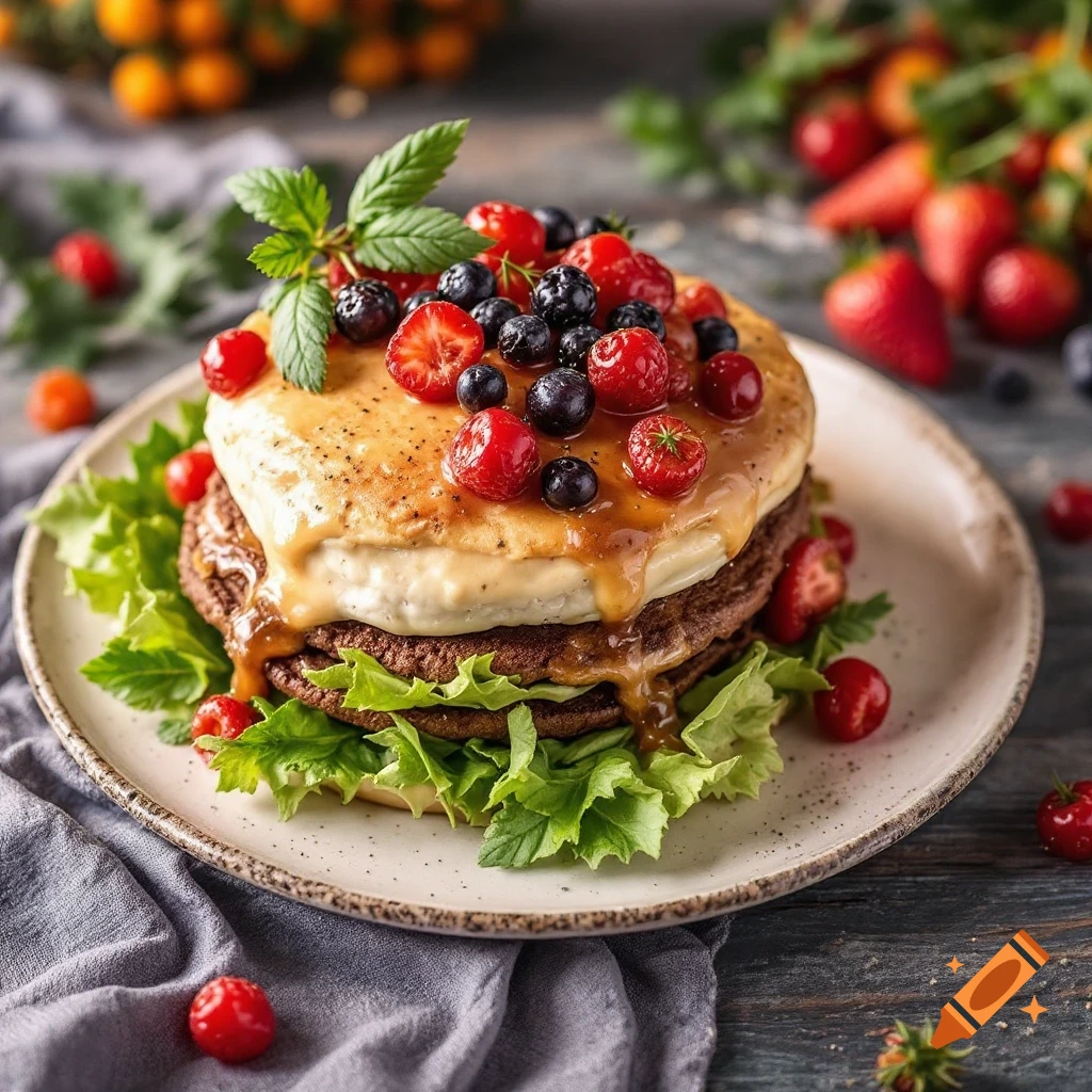 Stack of pancakes topped with berries and sauce on a plate
