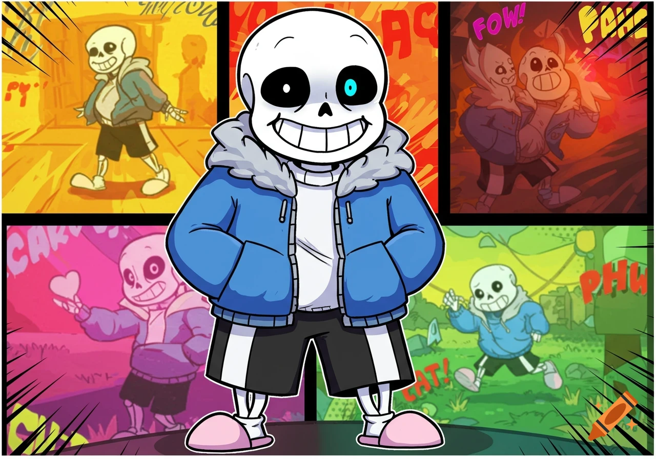 Cartoon image of Sans from Undertale standing center with surrounding panels showing him in action and different poses.