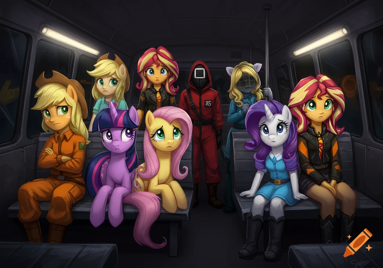 My Little Pony characters and a Squid Game guard in a dark van look scared.