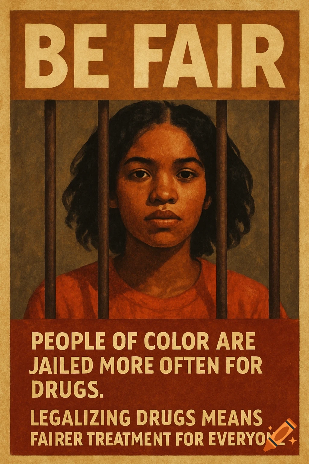 Painting of a person behind bars with protest text about fair drug laws and racial disparities.