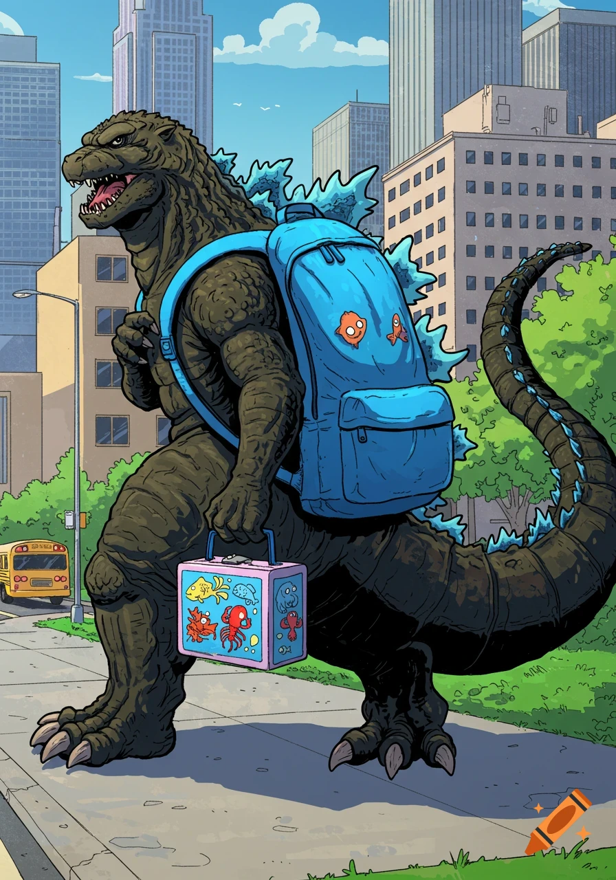 Cartoon illustration of Godzilla wearing a blue backpack and carrying a lunchbox, walking on a city street towards a school bus.