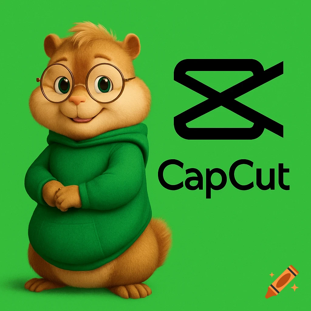 Theodore from Alvin and the Chipmunks wearing a green hoodie next to the  CapCut logo on a green background. on Craiyon, image size:1024x1024