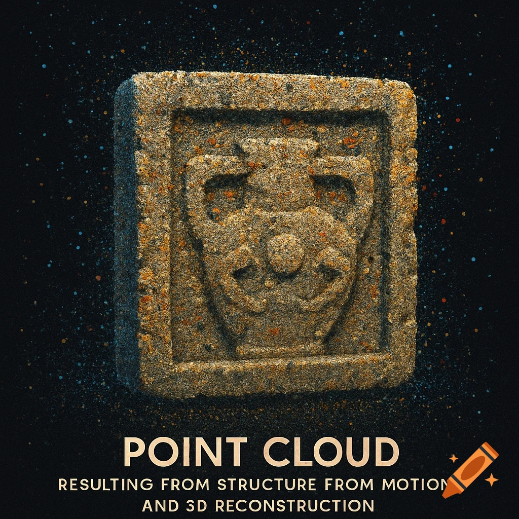 Illustration of a stone artifact with carved emblem, surrounded by points, and text 'POINT CLOUD'