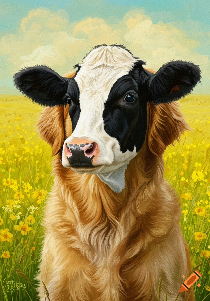 A hybrid creature with a cow's head and a golden retriever's body sits in a field of yellow flowers under a cloudy sky. Painting.