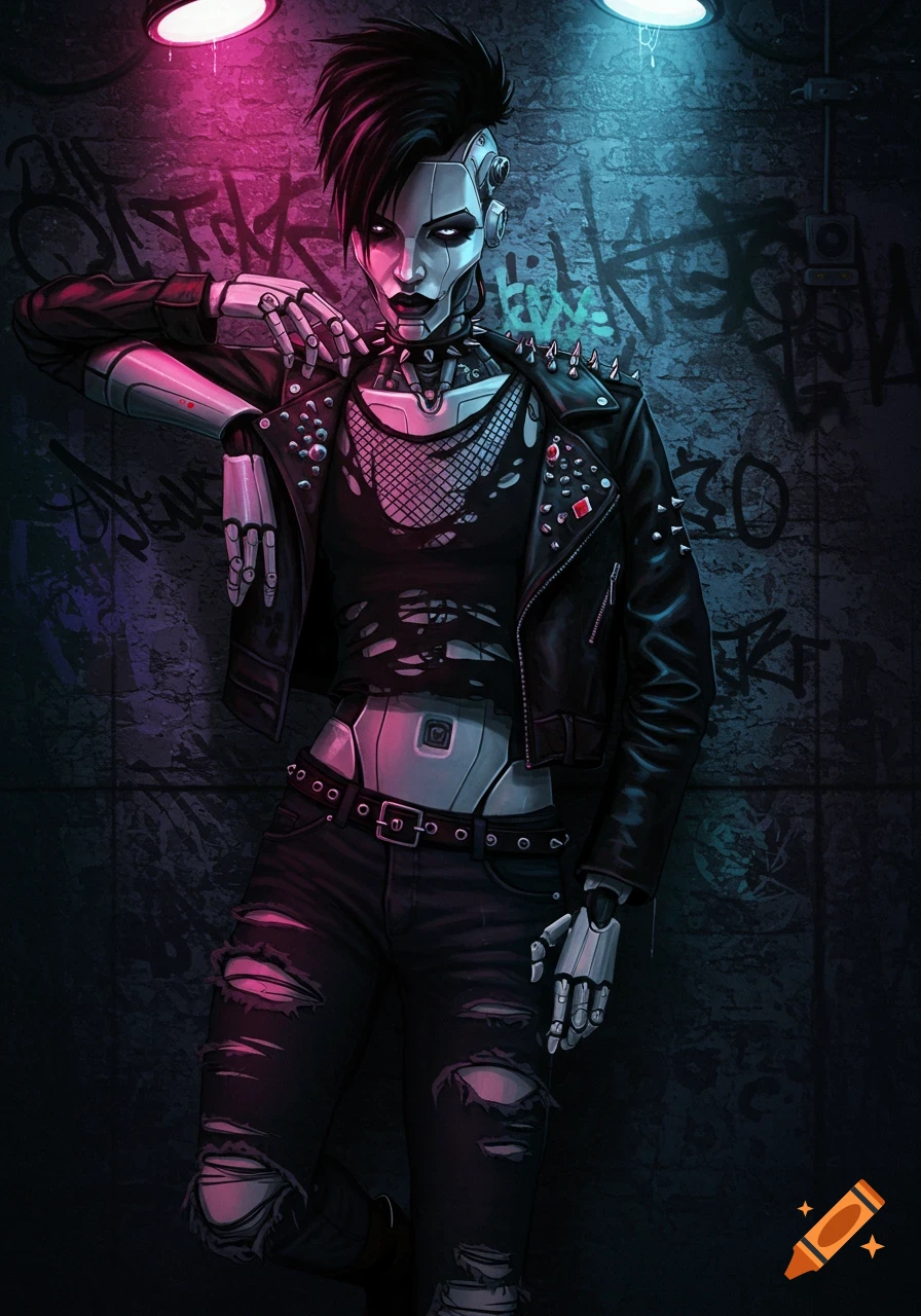 A robot dressed in goth clothing leans against a graffiti wall under neon lights.