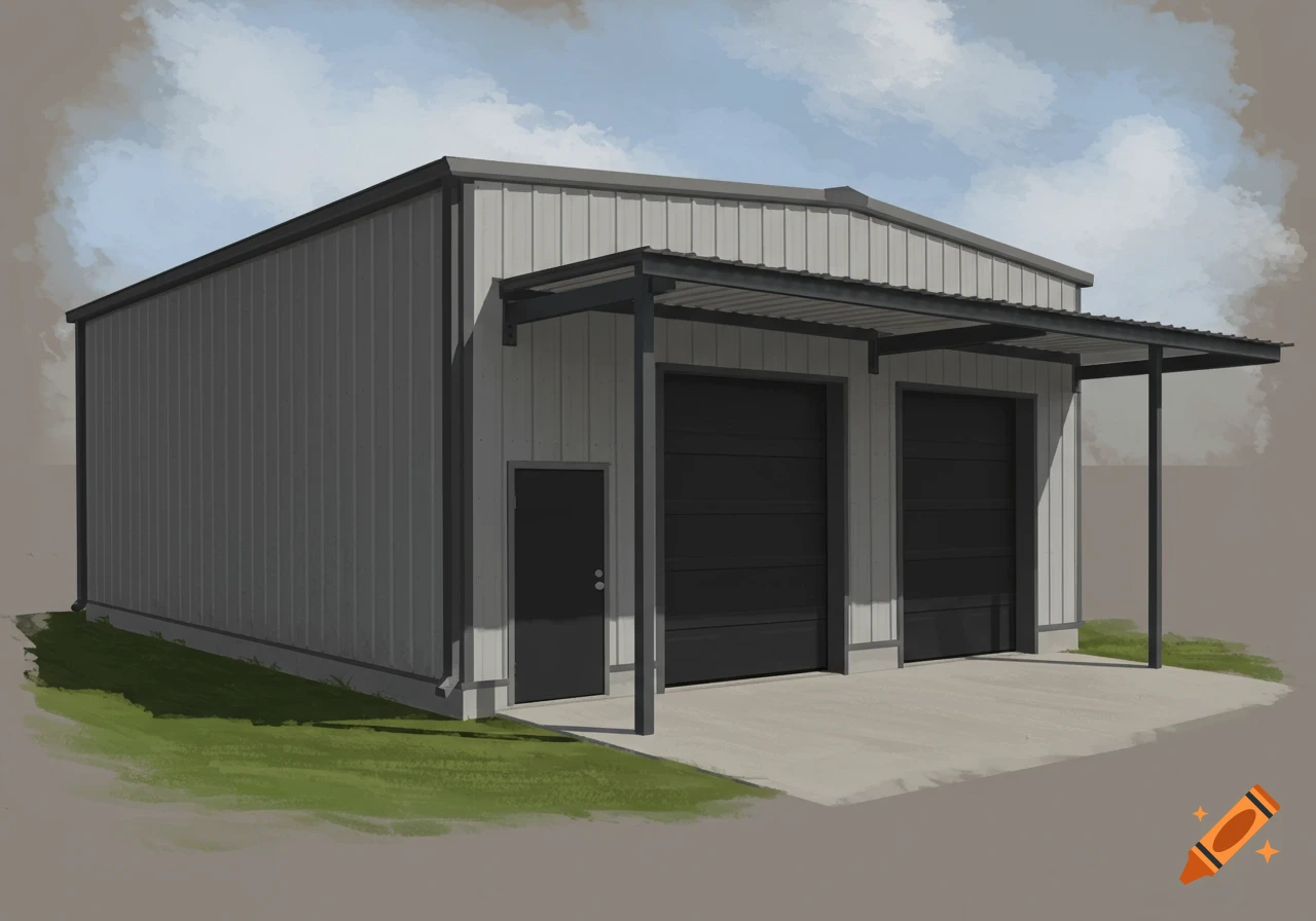 A digital painting of a gray metal building with two black garage doors and a smaller black door under a covered awning.