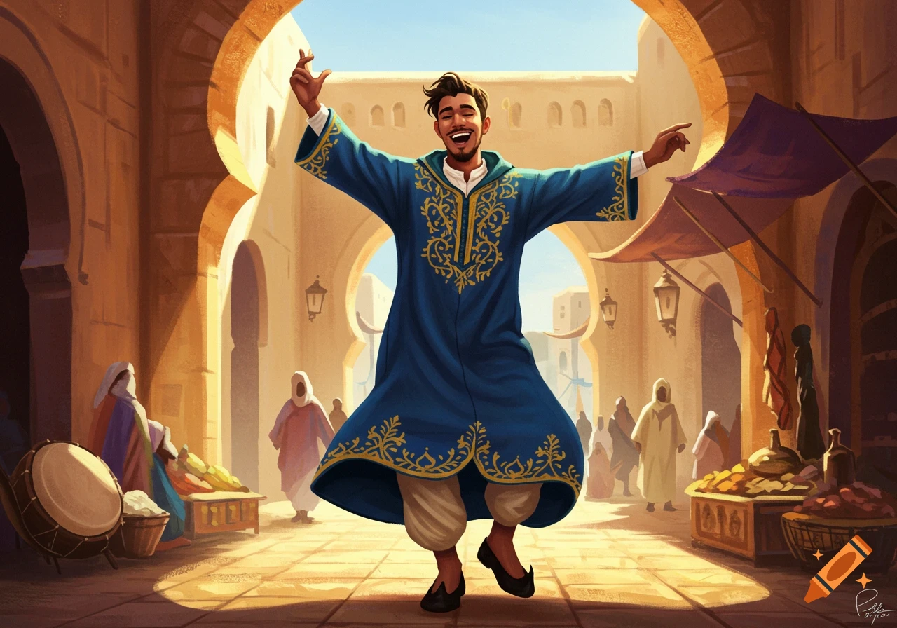 Illustration of a man in a blue robe dancing in a marketplace.